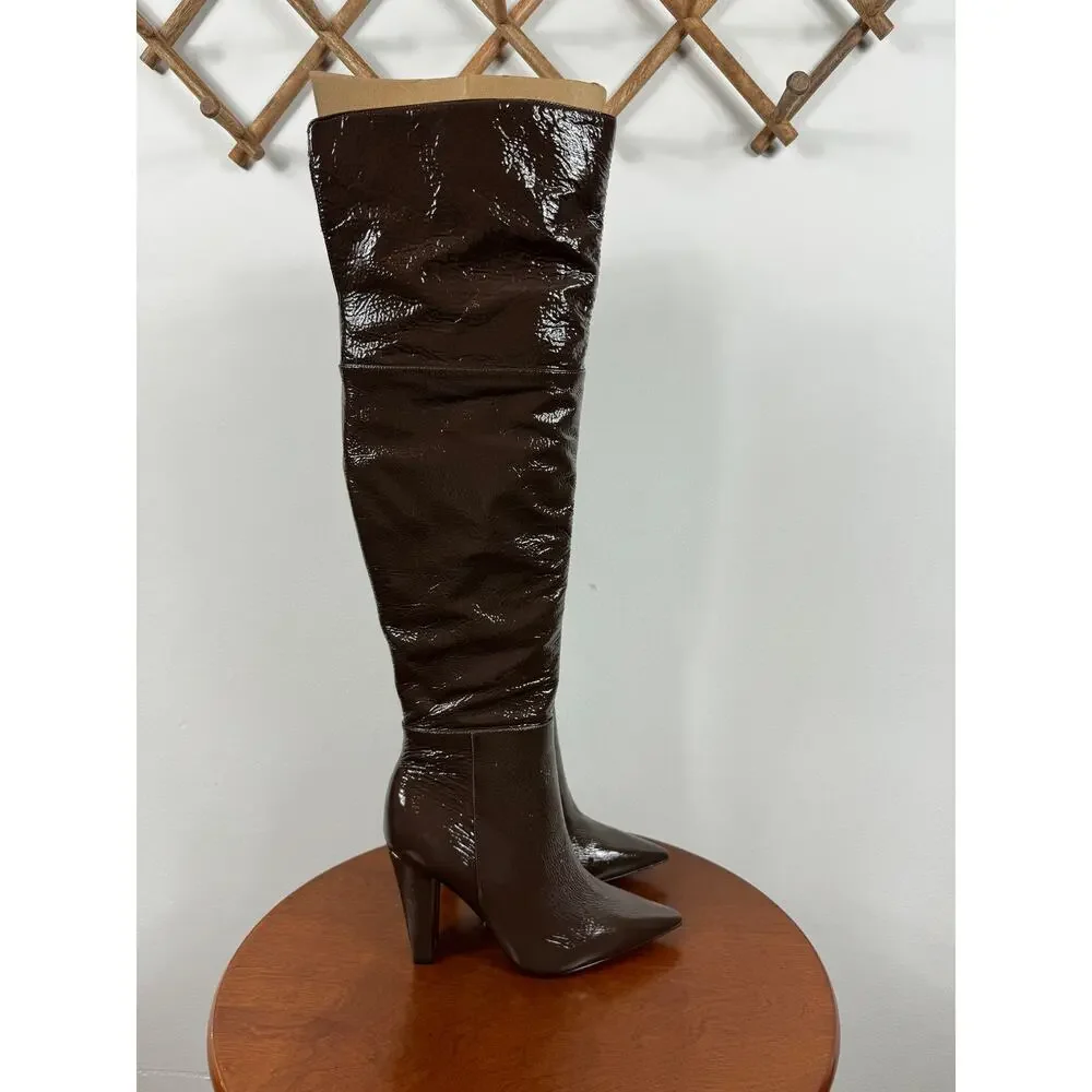 New Vince Camuto Minnada Wide-Calf Over-The-Knee Boot in Root Beer Patent Size 7